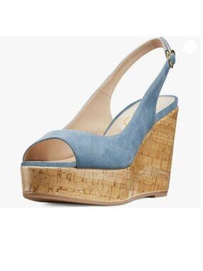 FOWT Women Peep Toe Slingback Platform Wedge Sandals High Heel Buckle Blue